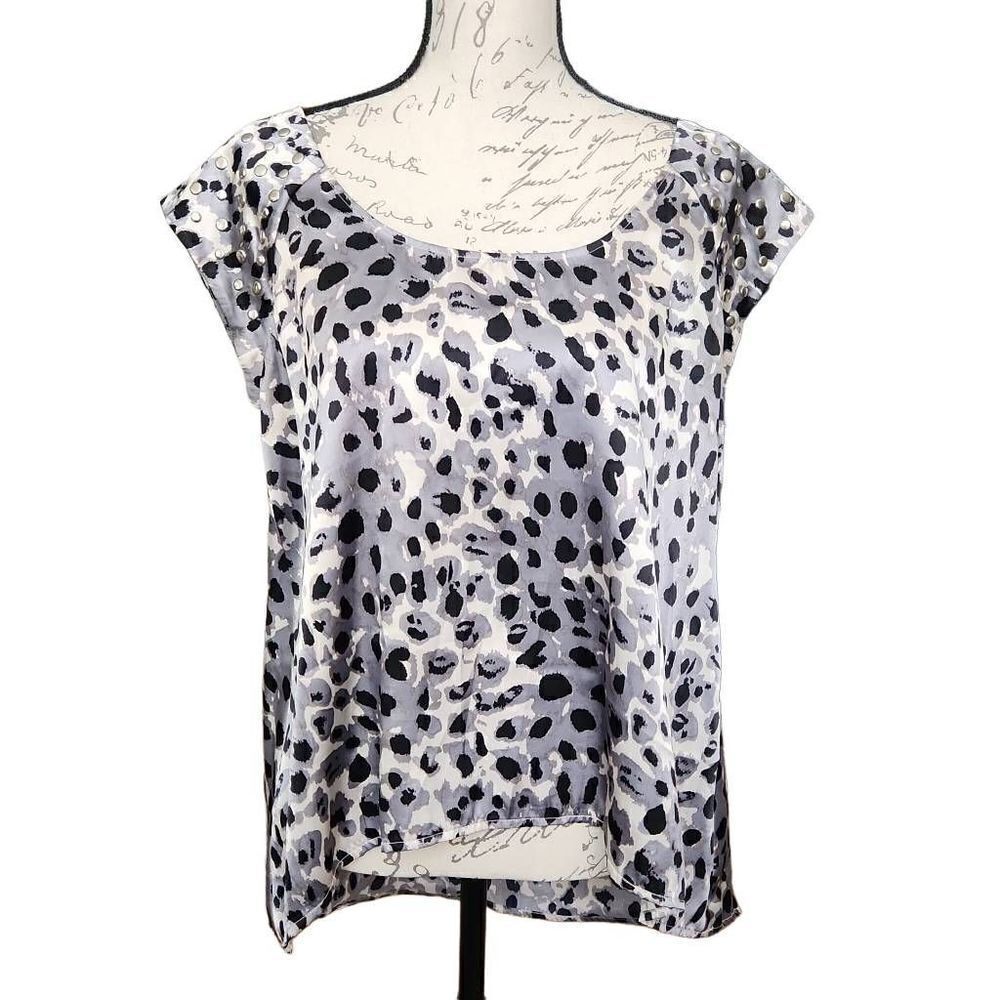 Allen B by Allen Swartz Ladies Size Med Black Gray Animal Print Satin Blouse